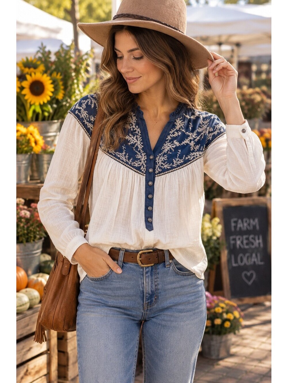 PILCRO Anthropologie XS Embroidered Western Boho Cotton Blouse Blue White